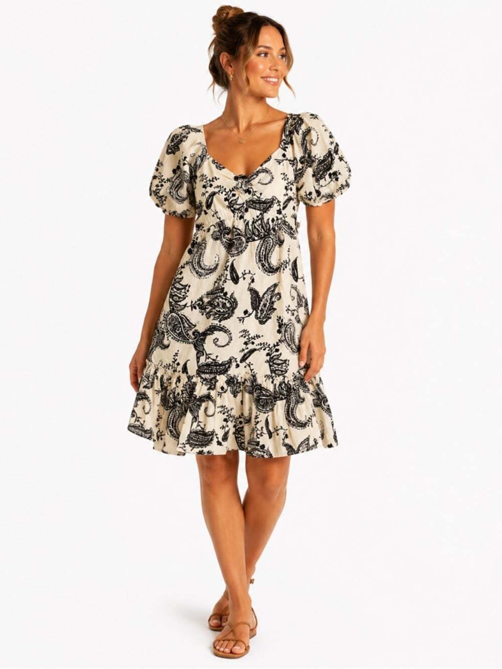 Mexx Paisley Dress Cream Black Puff Sleeve Cottagecore Boho Midi Large NWT